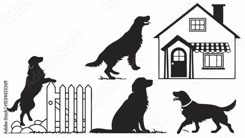 Black and White Silhouettes of Multiple Pet Dogs Standing, Sitting, Leaning by a House and Fence