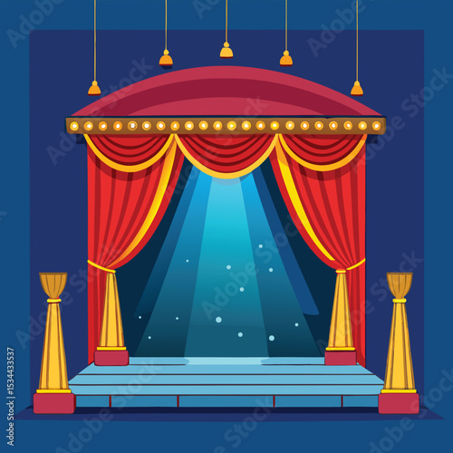 Vector illustration of a theater stage with red curtains and stage lighting depicting a show