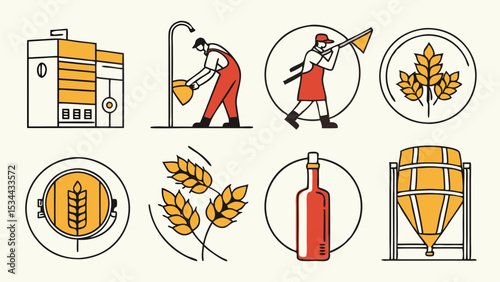 Clean flat line art icons set illustrating the brewery production process beer making ingredients equipment workers and tanks.