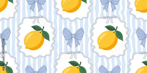 Seamless pattern with lemons and bows on blue wavy stripes. Summer repeating fruit pattern. Mediterranean coastal design background.