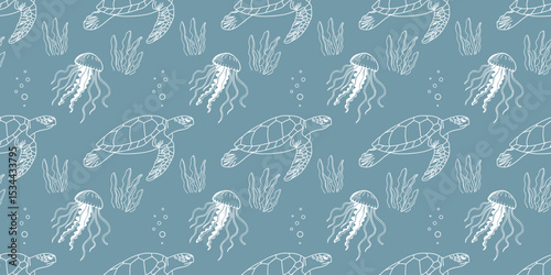 Seamless ocean life pattern with sea turtles, jellyfish and seaweed. Hand drawn marine elements on blue background for fabric, packaging.