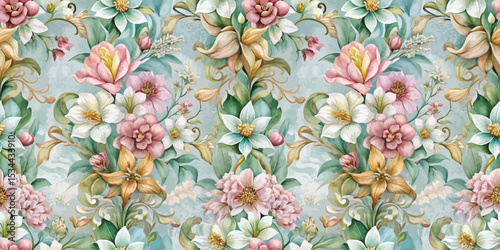 A vibrant floral pattern featuring a mix of pink and white flowers with green foliage.
