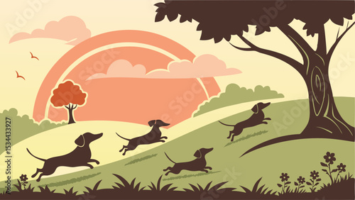 Stylized vintage art print of four playful dachshund dogs running across a rolling green hill at sunset with trees and clouds