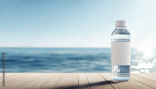 Plastic Water Bottle with Blank Label on Wooden Deck by the Ocean