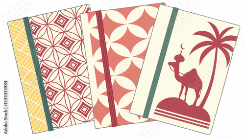 Decorative Set of Three Patterned Notebooks Geometric and Desert Scene Journals