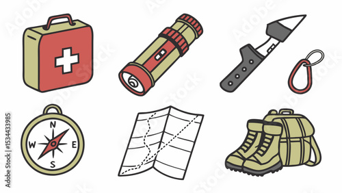 Illustrated outdoor adventure gear essentials first aid kit flashlight compass map hiking boots backpack hand drawn style