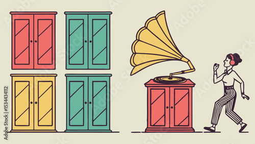Woman listening to music and dancing near vintage gramophone and colorful cabinets. Retro illustration of joy.