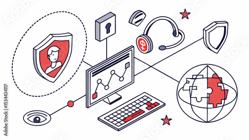 Cyber Security Data Protection Digital Global Network Business Technology Support Analysis Privacy Isometric Illustration