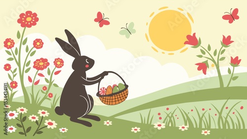Spring Easter holiday background illustration with cute bunny holding egg basket in sunny flower field