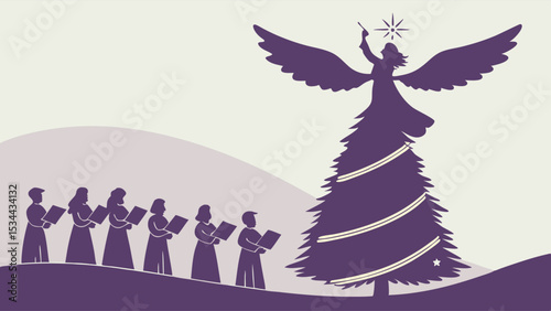 Silhouette illustration of Christmas choir singing by a festive holiday tree with angel