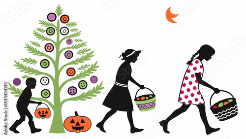 Silhouette Easter egg hunt illustration kids walking with baskets collecting decorated eggs holiday celebration graphic art