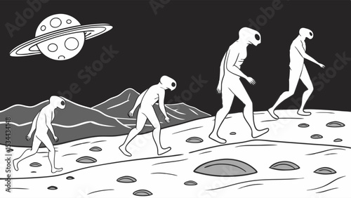 Alien Evolution Walking on Planet Surface Black White Illustration