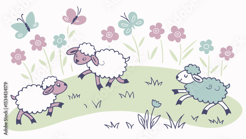 Cute cartoon lambs playing in a spring meadow with flowers and butterflies. Happy animal illustration for kids.