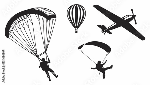 Black White Silhouettes Set Skydiving Hot Air Balloon Airplane Aviation Aerial Sports