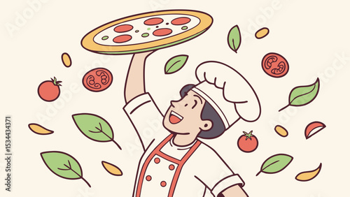 Vector illustration of happy chef holding pizza with tomatoes and basil leaves for restaurant menu design concept