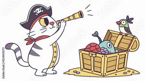 Vector cute pirate cat with telescope looking for treasure chest with bird cartoon vector illustration art design