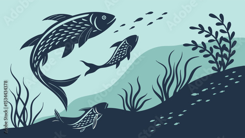 Stylized Blue Underwater Illustration of Fish Swimming with Aquatic Plants and Seabed