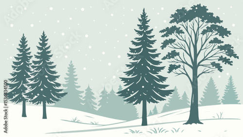 Wallpaper Mural Serene Winter Forest Landscape Vector Illustration Background with Evergreen Trees Bare Tree Falling Snow and Rolling Hills Torontodigital.ca