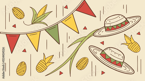 Vector celebrate brazilian festa junina party with hats corn and flags vector illustration design background