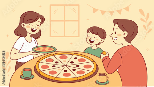 Vector illustration of happy family eating pizza together at home family time pizza night vector artwork