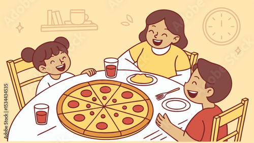 Vector family pizza night illustration happy children eating pizza together vector art family dinner time illustration