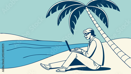 Vector remote work on the beach concept illustration of man working on laptop under palm tree digital nomad lifestyle