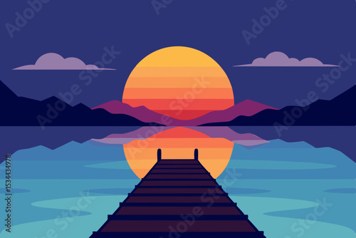  sunset over a quiet lake with a wooden dock