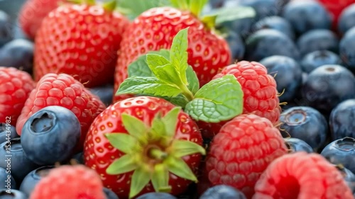 Fresh ripe berries turn, strawberries, raspberries, blueberries, mint. Healthy vitamin nutrition concept and harvest background.