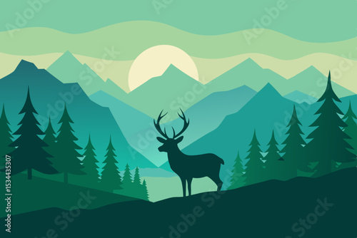  mountain forest vector with deer silhouette in mor.
