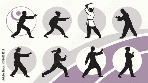 Artistic Silhouettes Illustration of Tai Chi and Martial Arts Poses Including Sword Form for Exercise Health and Wellness