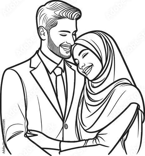 A line drawing of a groom in a suit and a bride wearing a hijab