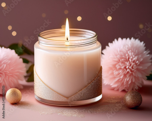 Luxury candle on pastel surface with soft realistic lighting
