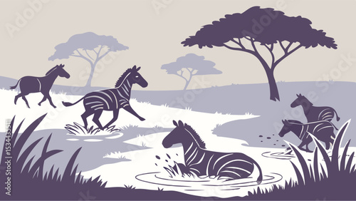 African wildlife illustration of herd of zebras running and splashing in river savannah landscape