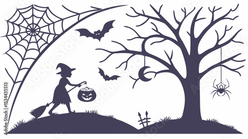 Spooky Halloween night silhouette scene with witch trick or treating, bats, spider web, spooky tree, and moon.