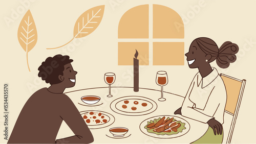 Romantic dinner date illustration happy Black couple eating food wine candlelight celebration anniversary