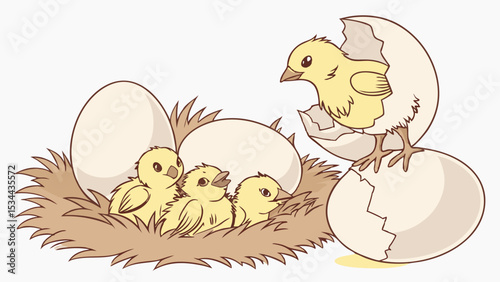 Group of fluffy yellow chicks in a bird's nest with eggs, one chick breaking out of its shell, new life, spring, Easter, birth
