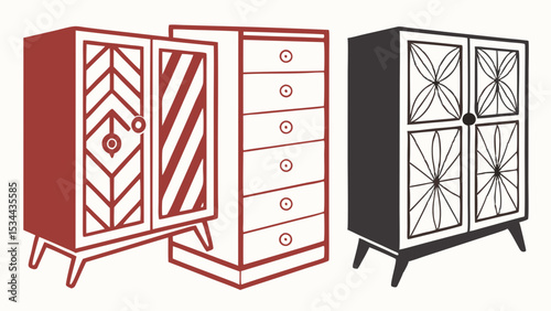 Mid century modern retro furniture vector illustration set cabinet dresser icons home decor collection