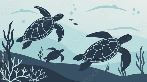 Sea turtles swimming underwater in blue ocean water marine life nature vector illustration