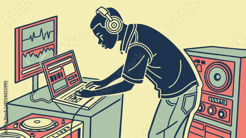 Young Black man wearing headphones using laptop for music production. DJ or producer working in home studio. Audio editing technology.