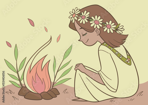 Mystical woman in flowing dress, surrounded by herbs and flowers, illuminated by moonlight, celebrating Summer Solstice Festival with a serene and enchanting atmosphere