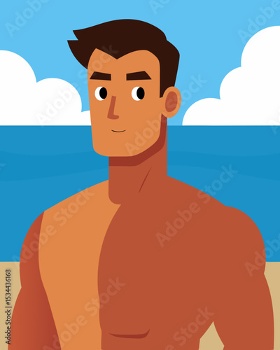 Cartoon character, muscular man with tanned skin, smiling at the beach, with ocean waves and fluffy clouds in the background, embodying a fun and carefree summer vibe