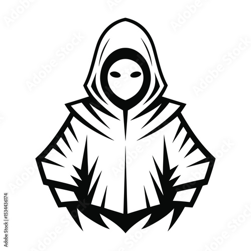 Black and white vector illustration of a mysterious figure in a hooded jacket, perfect for gaming logos, horror concepts, dark graphic art and digital character design

