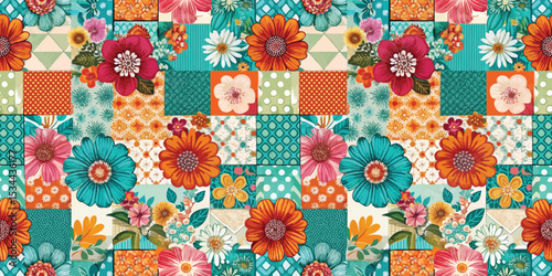 Colorful patchwork floral pattern featuring vibrant flowers and geometric shapes.