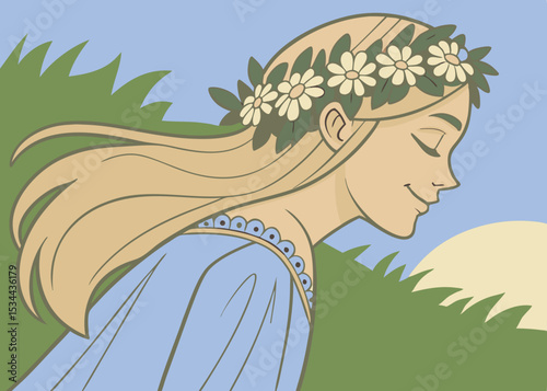 Mystical woman adorned with flowers, holding herbs close to chest, illuminated by moonlight, celebrating the Summer Solstice Festival in a serene, enchanting atmosphere