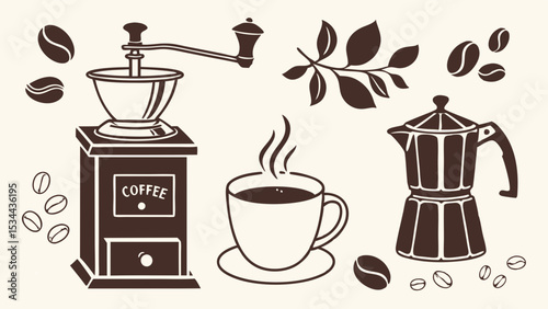 Vintage coffee illustration set. Hand drawn vector art of coffee beans, grinder, cup, moka pot. Cafe drink beverage collection.