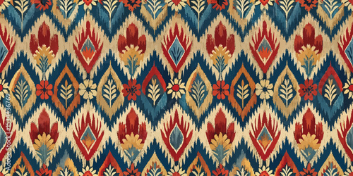 Colorful vintage fabric pattern featuring floral and geometric designs.