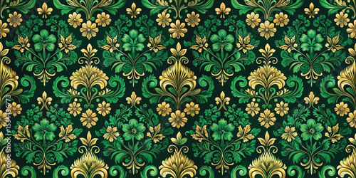Elegant floral pattern featuring green and gold hues on a rich dark background.