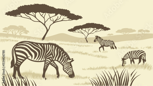 Zebras grazing in African savanna landscape, wild animals in nature field, wildlife scene, safari background with trees