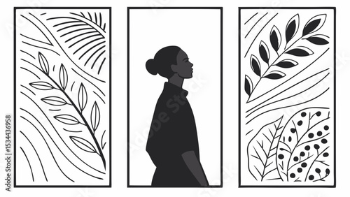 Black woman silhouette looking up nature botanical art triptych minimalist graphic design hope future growth