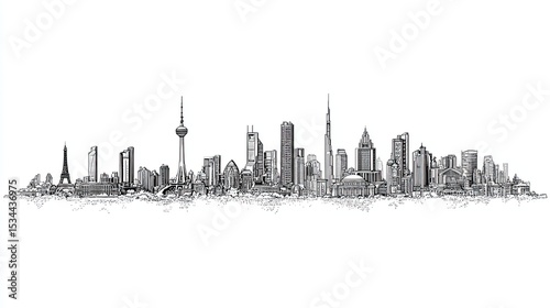 Engraving sketch of global city skyline with famous landmarks and architectural details on white background